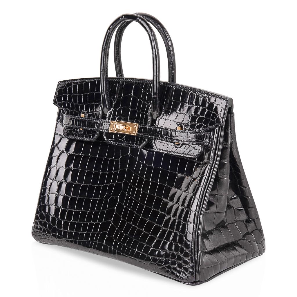 Women's Hermes Birkin 25 Bag Black Crocodile Lisse Gold Hardware 