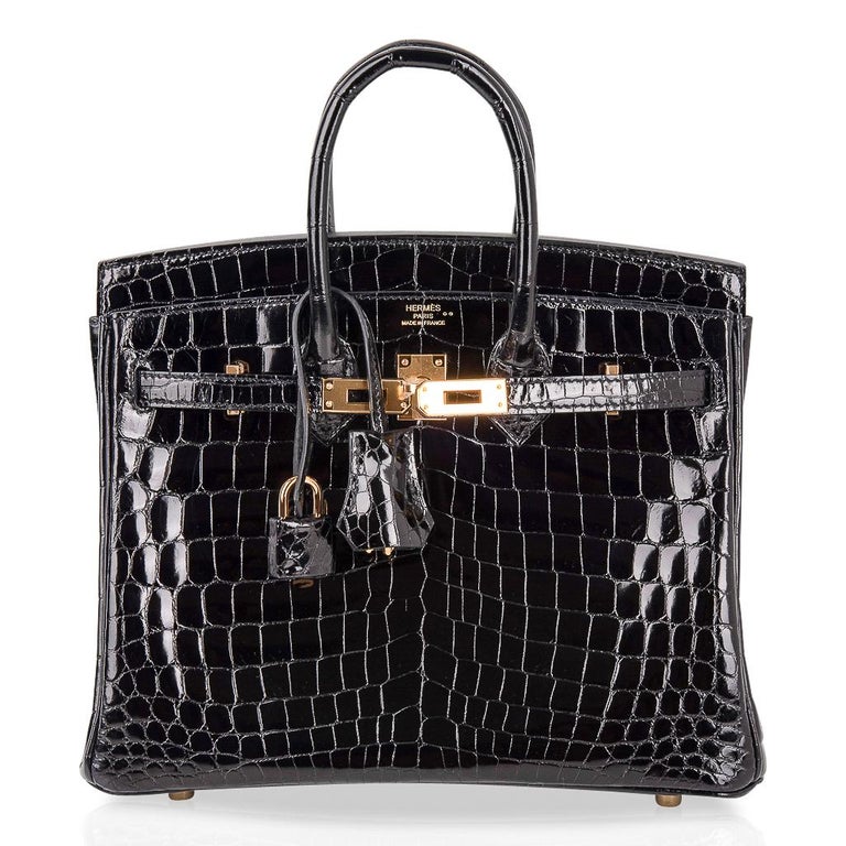 Hermes Birkin 25 Bag Black Crocodile Lisse Gold Hardware at 1stDibs