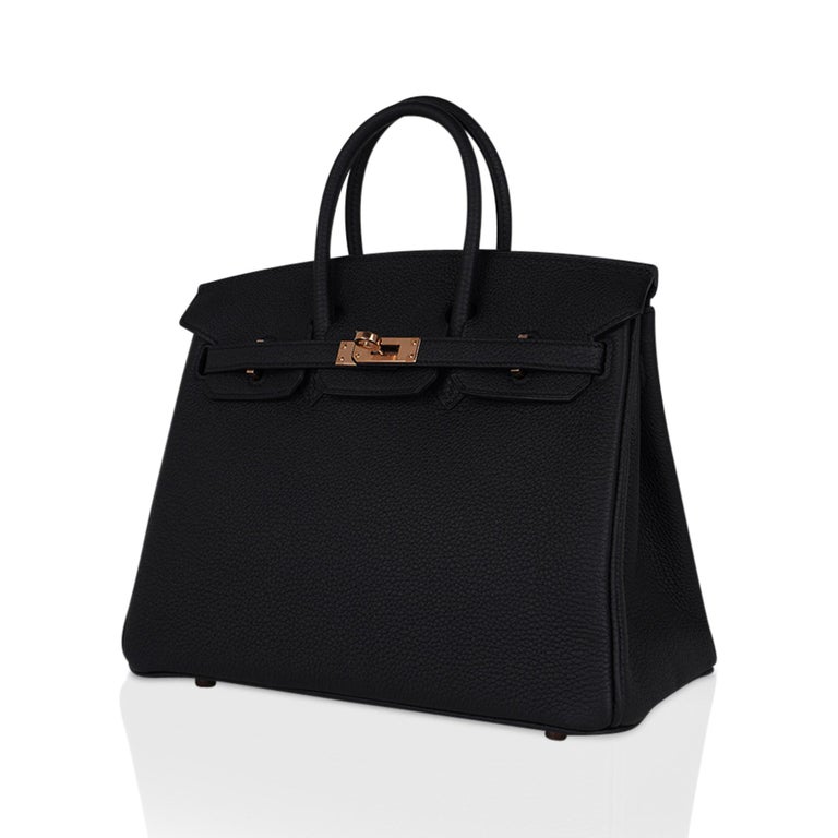 Mightychic offers a gorgeous Black Hermes Birkin 25 bag featured with the warm glow of Rose Gold hardware. 
This beautiful Birkin bag is a perfect combination to move from day to evening.
Togo leather is supple and scratch resistant/
Comes with the