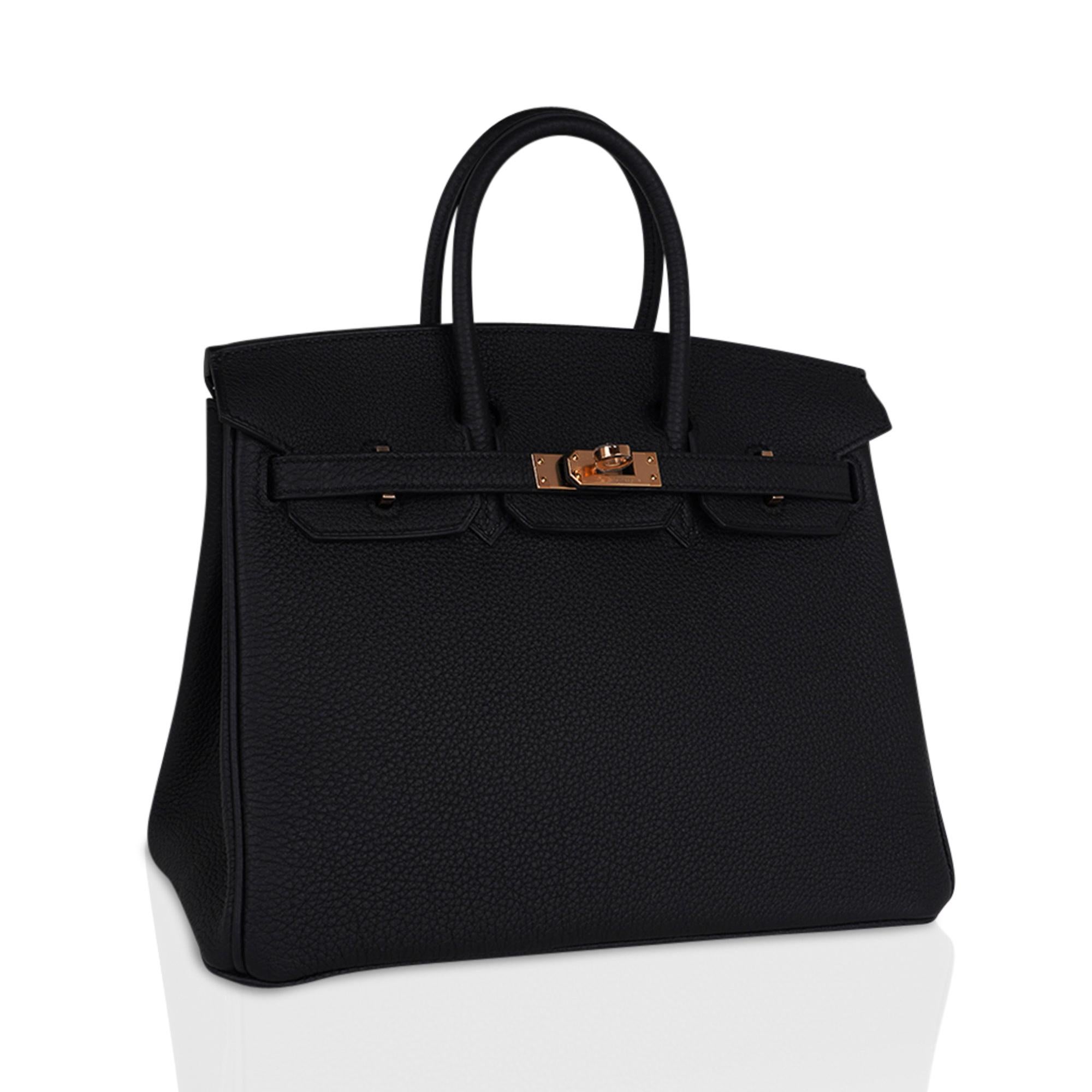 Mightychic offers a gorgeous Black Hermes Birkin 25 bag featured with the warm glow of Rose Gold hardware. 
This beautiful Birkin bag is a perfect combination to move from day to evening.
Togo leather is supple and scratch resistant/
Comes with the