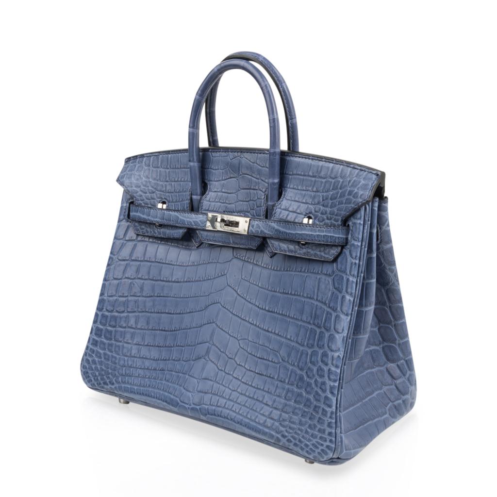 Gray Hermes Birkin 25 Bag Blue Brighton Matte Crocodile Palladium Hardware