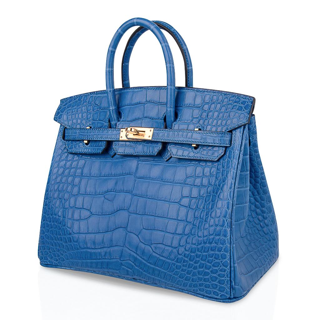 Women's Hermes Birkin 25 Bag Blue Zellige Matte Alligator Gold Hardware