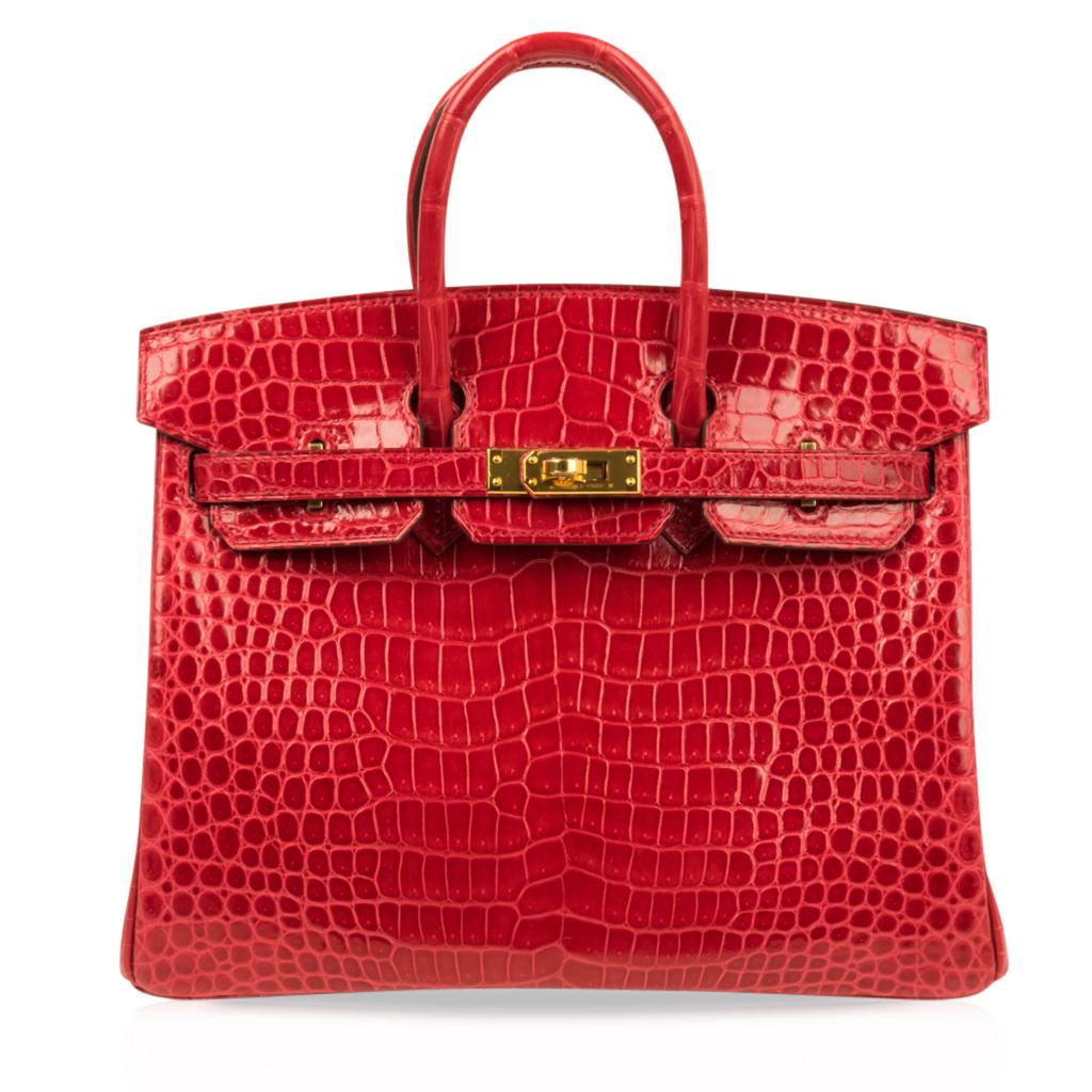 Women's Hermes Birkin 25 Bag Braise Porosus Crocodile Gold Hardware Lipstick Red 
