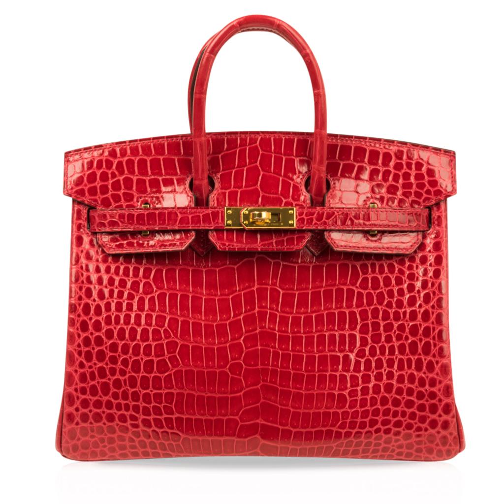 Women's Hermes Birkin 25 Bag Braise Porosus Crocodile Gold Hardware Lipstick Red