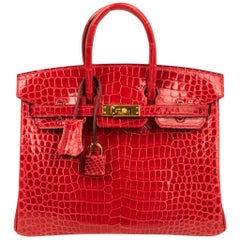 Hermes Birkin 25 Bag Braise Porosus Crocodile Gold Hardware Lipstick Red 