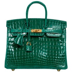 Hermes Birkin Bag 25cm Emerald Crocodile Gold Hardware