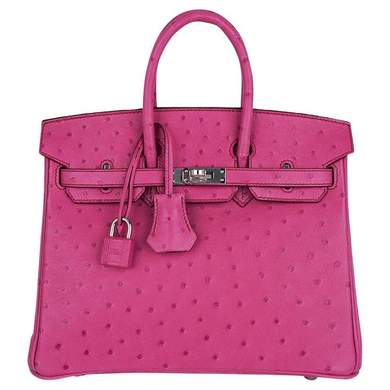 HERMES Birkin 25CM Fuchsia Pink Ostrich Leather Silver Hardware