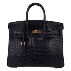 Hermès - Sac Birkin 25 noir mat en alligator avec accessoires dorés