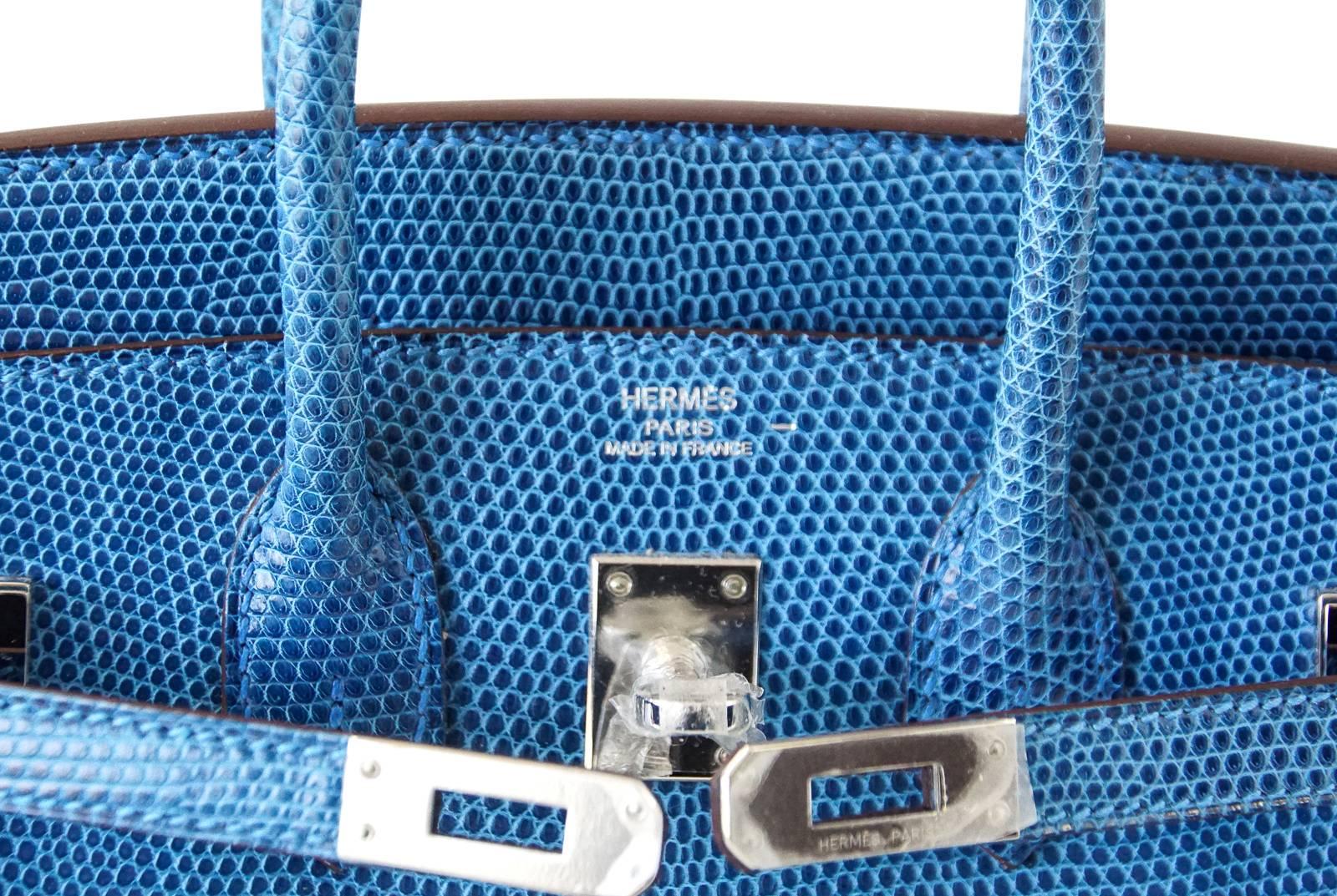 Guaranteed authentic Hermes Birkin 25 bag in Mykonos Lizard. 
Breathtakingly beautiful this is now the rarest of skins. 
And in the most beautiful Mediterranean blue.
Comes with lock, keys, clochette, sleeper, and raincoat.
final sale 

BAG