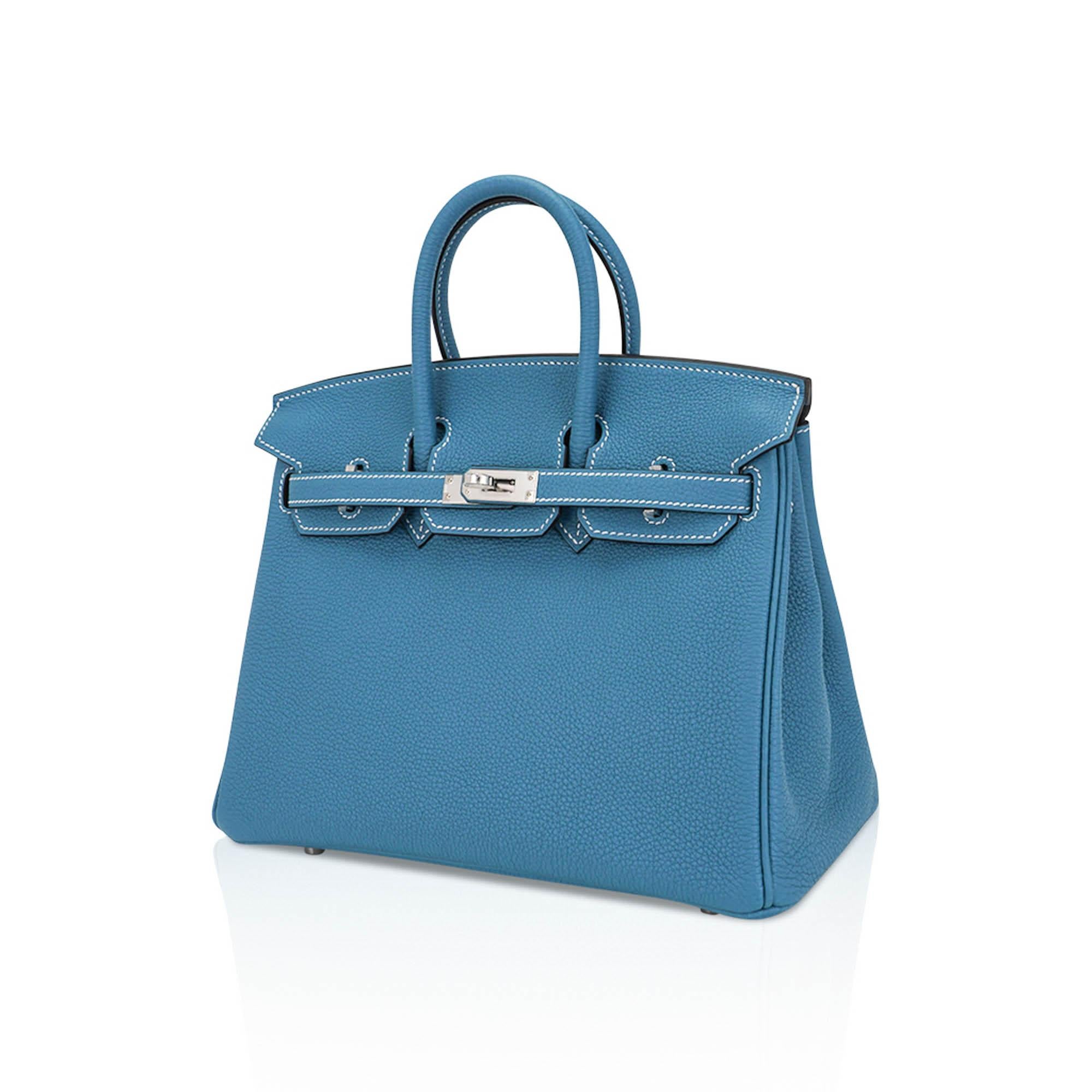 Women's Hermes Birkin 25 Bag Retourne Blue Jean Togo Palladium Hardware For Sale