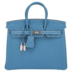 Hermes Birkin 25 Bag Retourne Blue Jean Togo Palladium Hardware