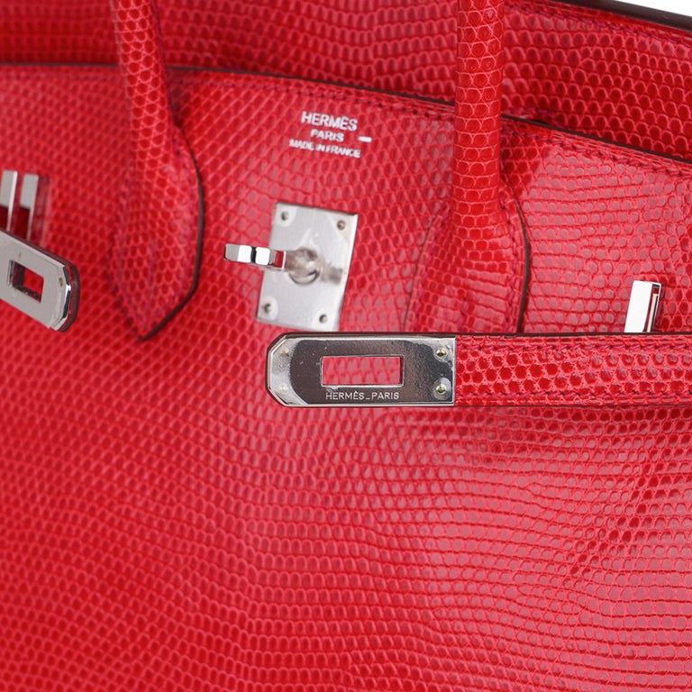 Red Hermes Birkin 25 Bag Rouge Exotic Lizard Palladium Hardware For Sale