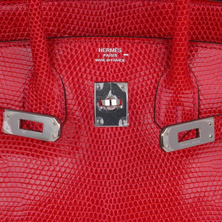 Hermes Birkin 25 Bag Rouge Exotic Lizard Palladium Hardware In New Condition For Sale In Miami, FL