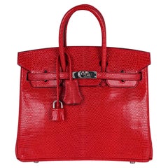 Antique Hermes Birkin 25 Rouge Exotic Lizard Bag Palladium Hardware