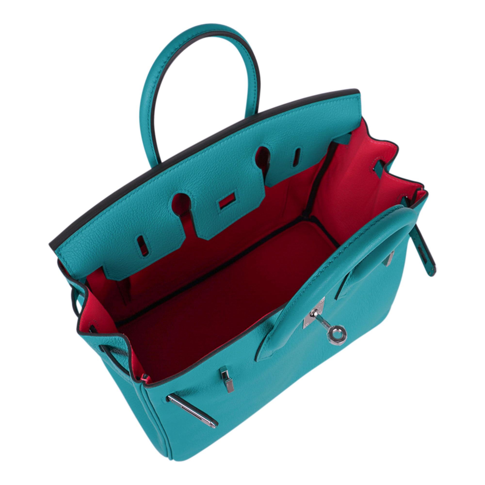 Hermes Birkin 25 Bag Verso Vert Verone / Rose Lipstick Novillo Leather For Sale 9