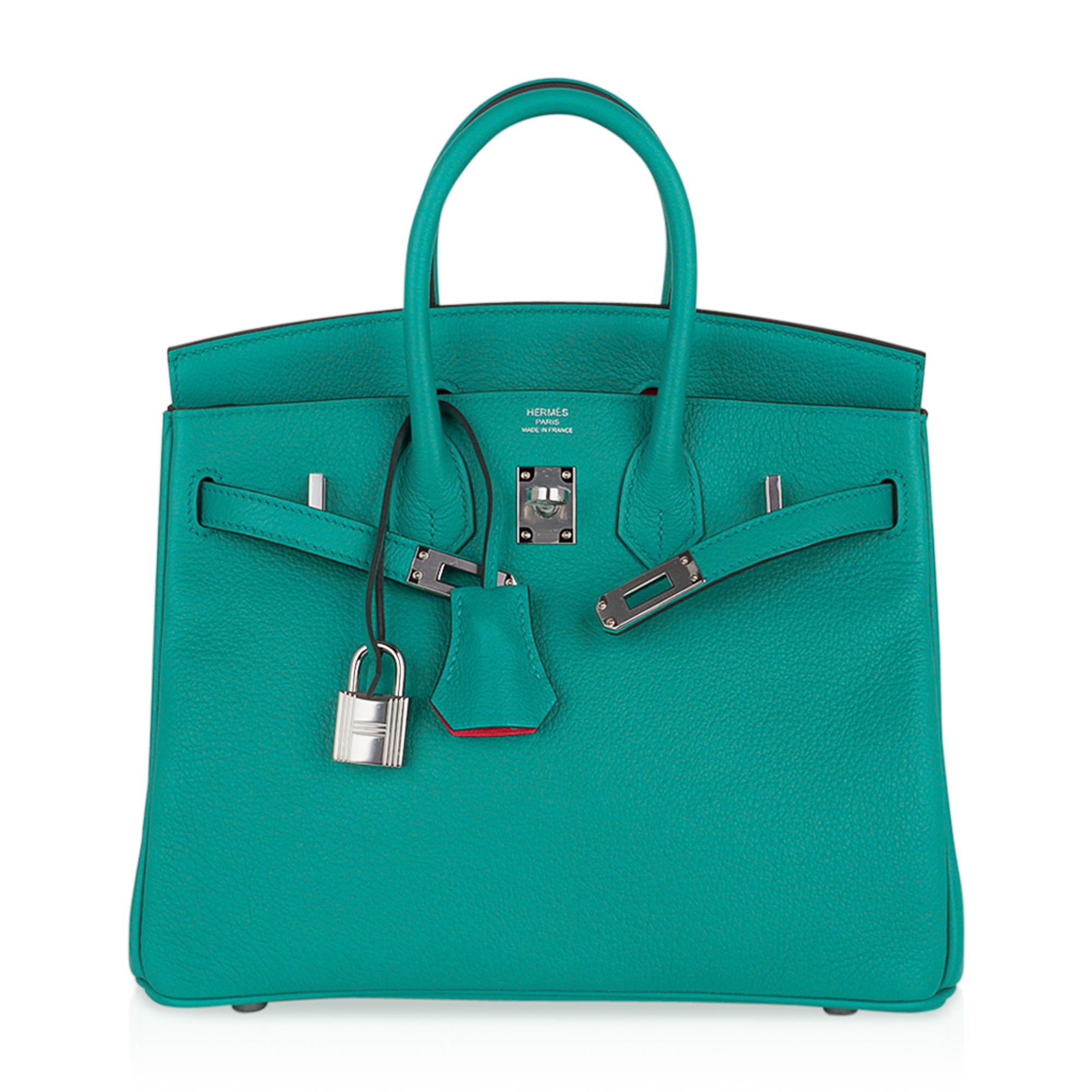 Blue Hermes Birkin 25 Bag Verso Vert Verone / Rose Lipstick Novillo Leather For Sale