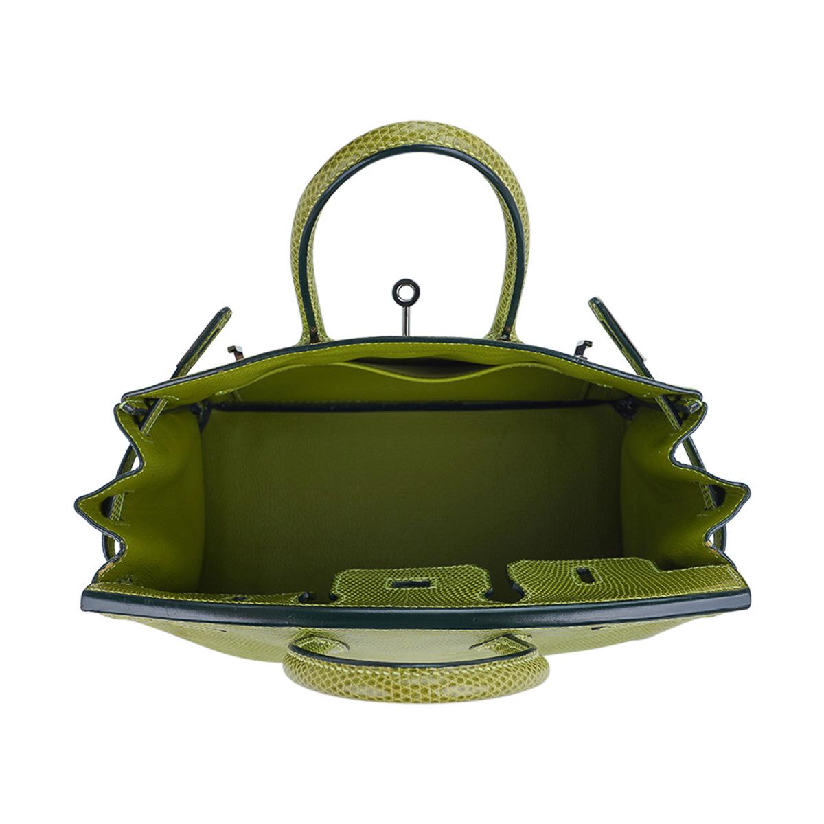 Hermès Birkin 25 Tasche Vert Anis Eidechse mit Palladiumbeschlägen im Angebot 6