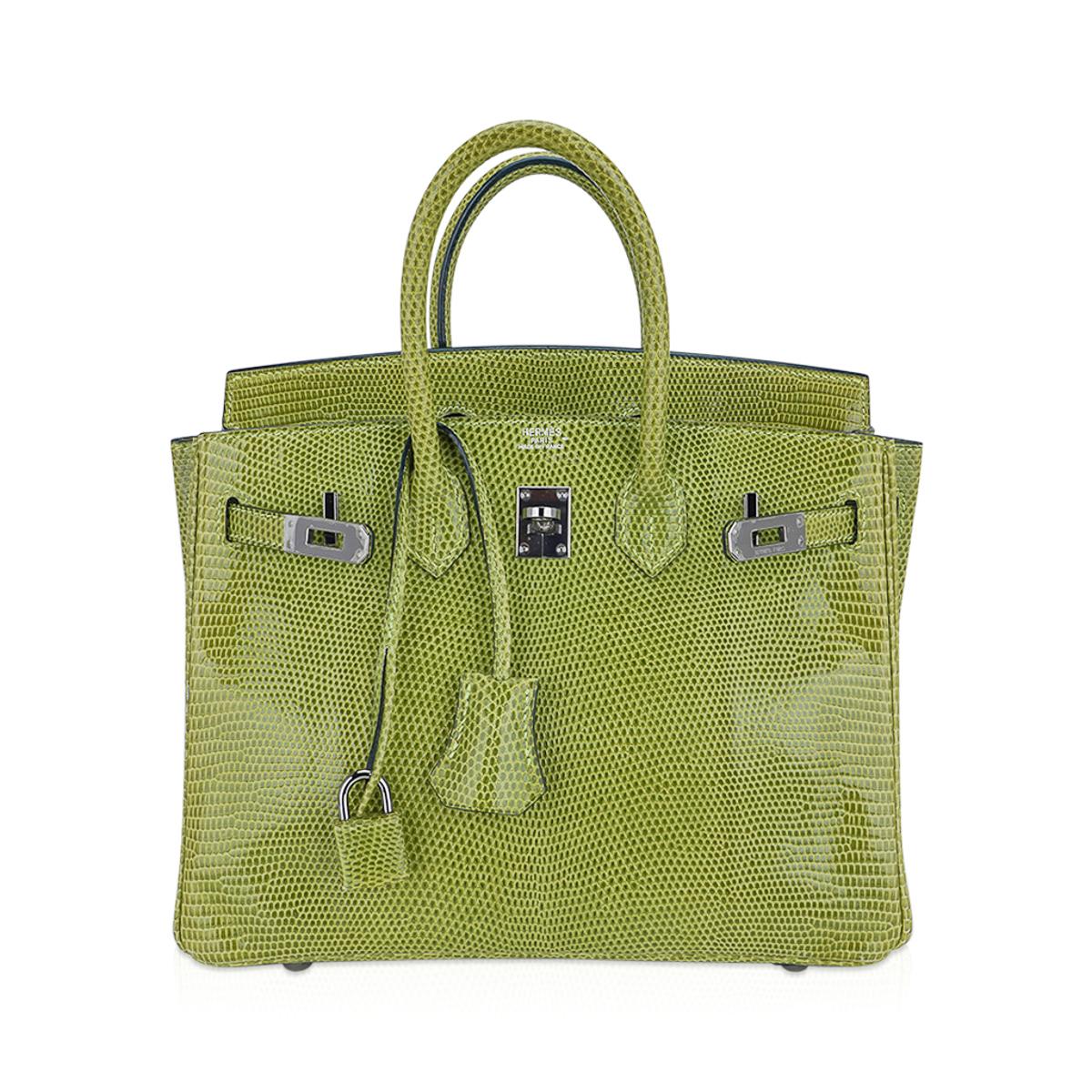 Marron Sac Hermès Birkin 25 Vert Anis en cuir de lézard avec accessoires en palladium en vente