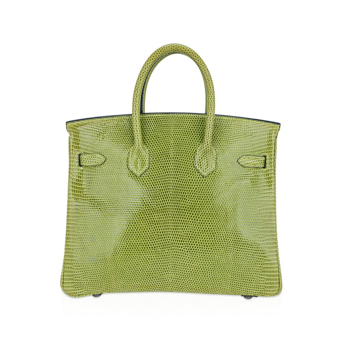 Hermès Birkin 25 Tasche Vert Anis Eidechse mit Palladiumbeschlägen im Angebot 3