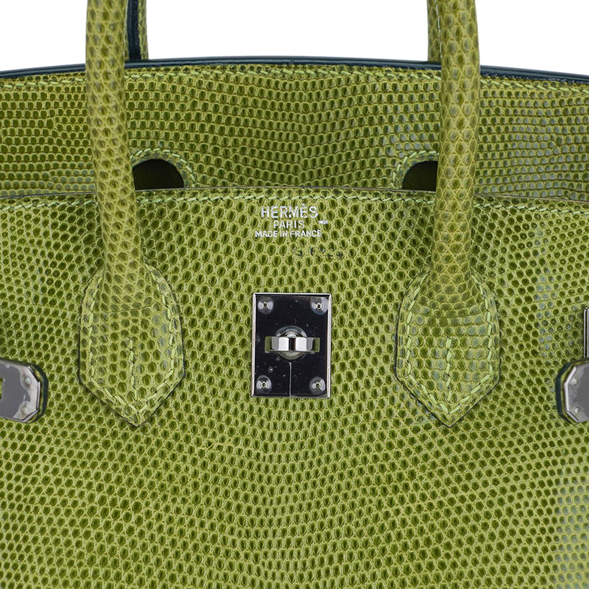 Sac Hermès Birkin 25 Vert Anis en cuir de lézard avec accessoires en palladium en vente 4