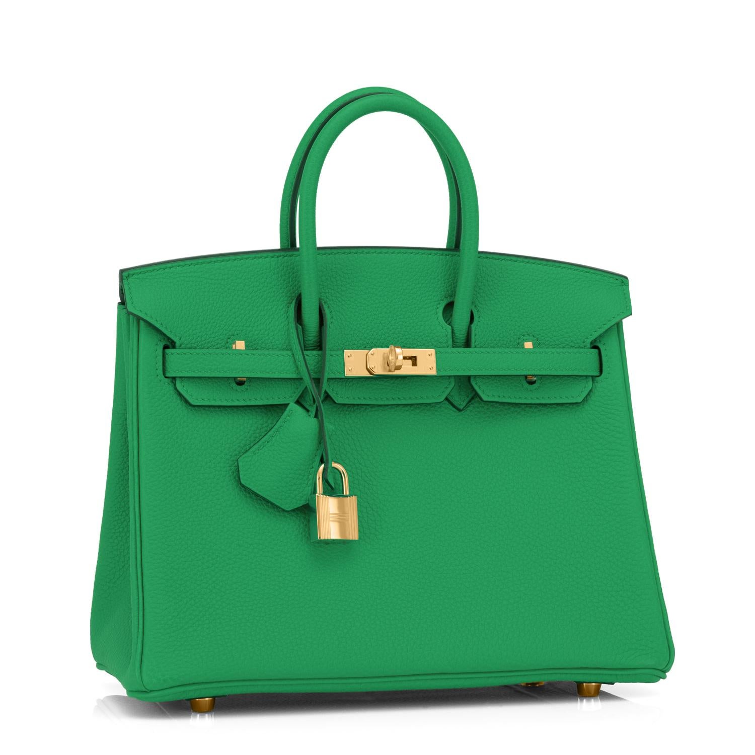 Hermes Bambou Green Togo 25cm Birkin Gold Hardware Y Stamp, 2020
Brand New in Box. Store fresh. Pristine Condition (with plastic on hardware)
Just purchased from Hermes store! Bag bears new 2020 interior Y Stamp.
Perfect gift!  Comes with keys,