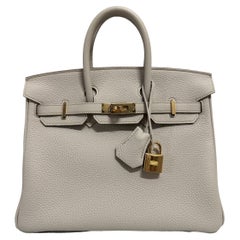 Used Hermes Birkin 25 Beton Beige Gray Togo Leather Handbag Rose Gold Hardware 