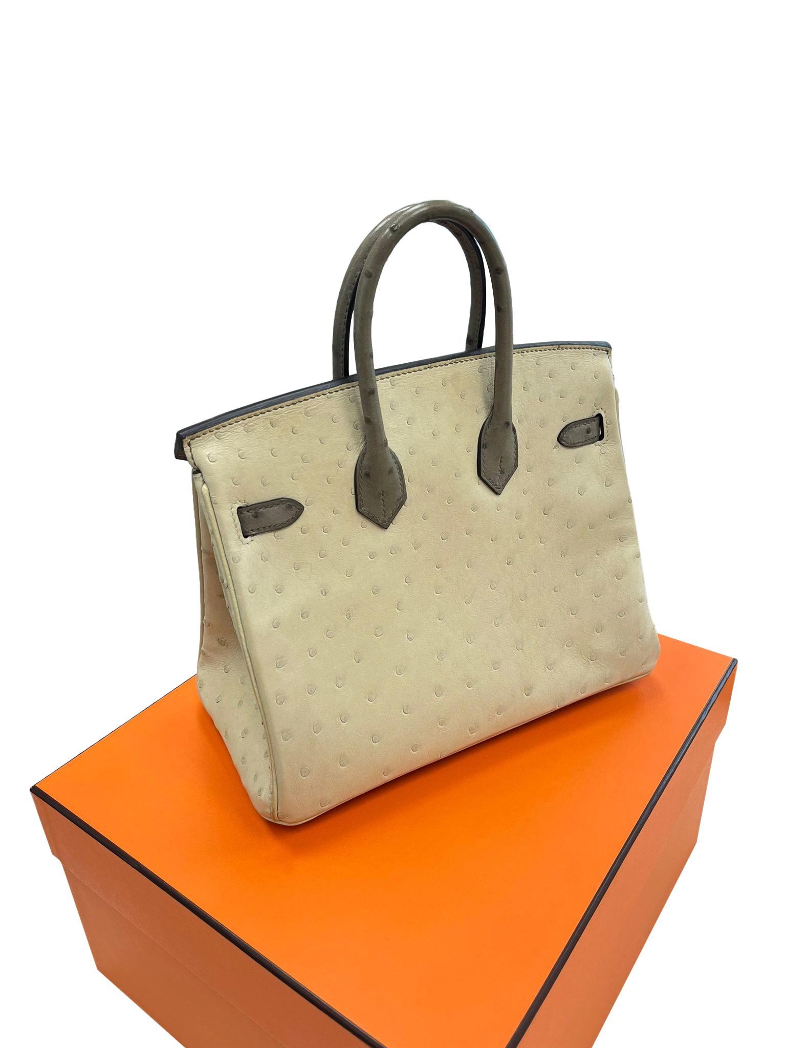 Sac à main Hermes Birkin 25 Bicolor Gris Agate et Ostrich Blanc Palladium Hardware en vente 8