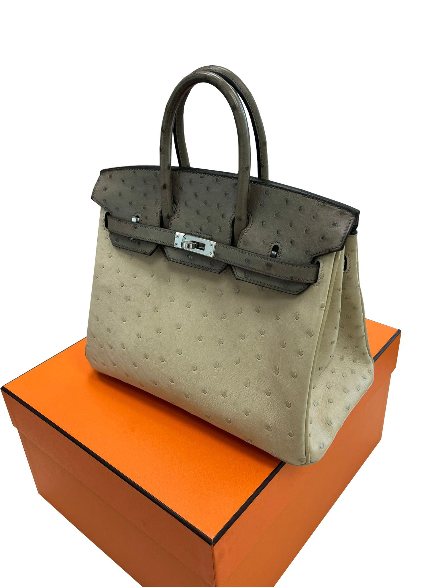 Sac à main Hermes Birkin 25 Bicolor Gris Agate et Ostrich Blanc Palladium Hardware en vente 9