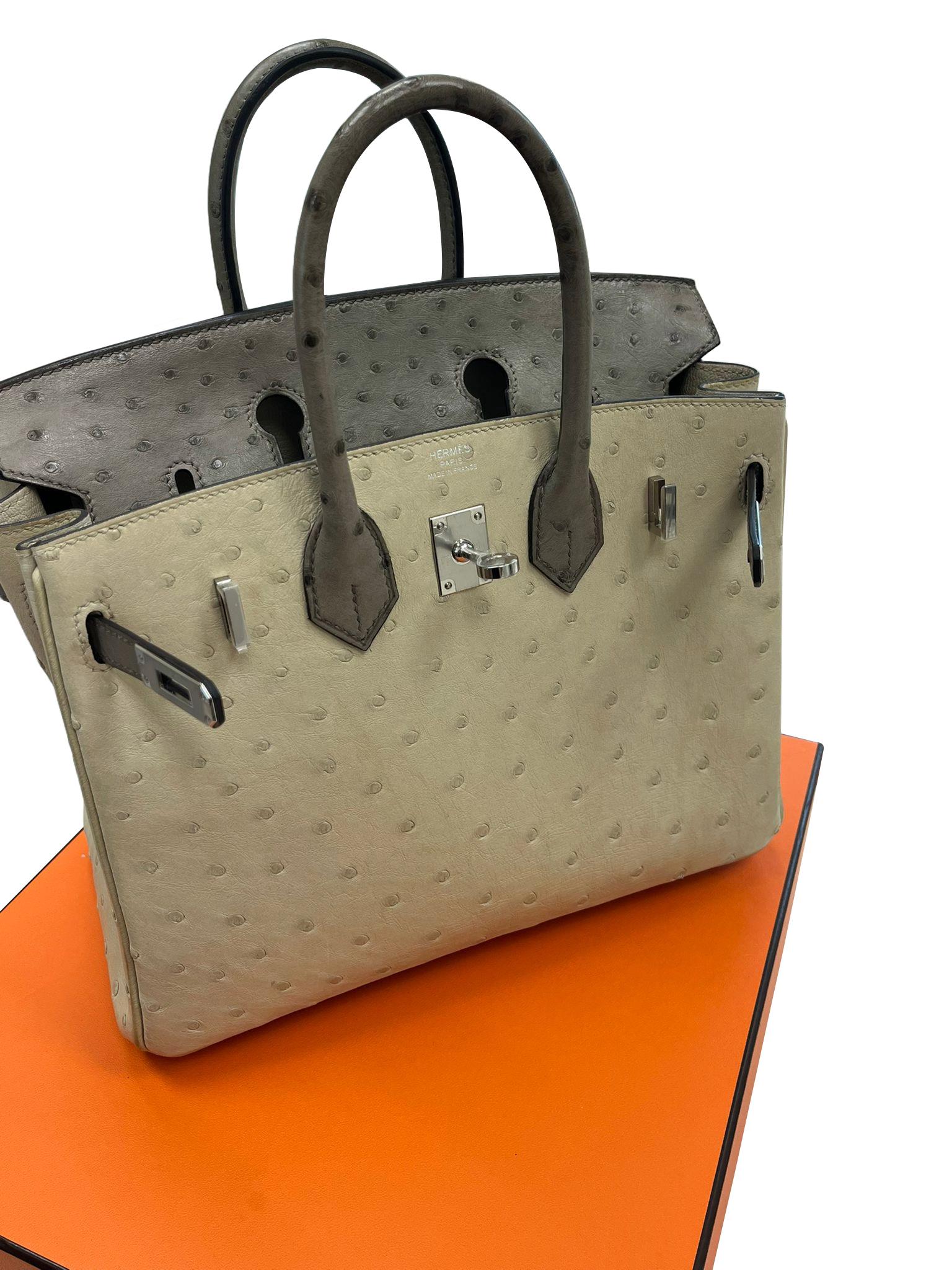 Sac à main Hermes Birkin 25 Bicolor Gris Agate et Ostrich Blanc Palladium Hardware en vente 10