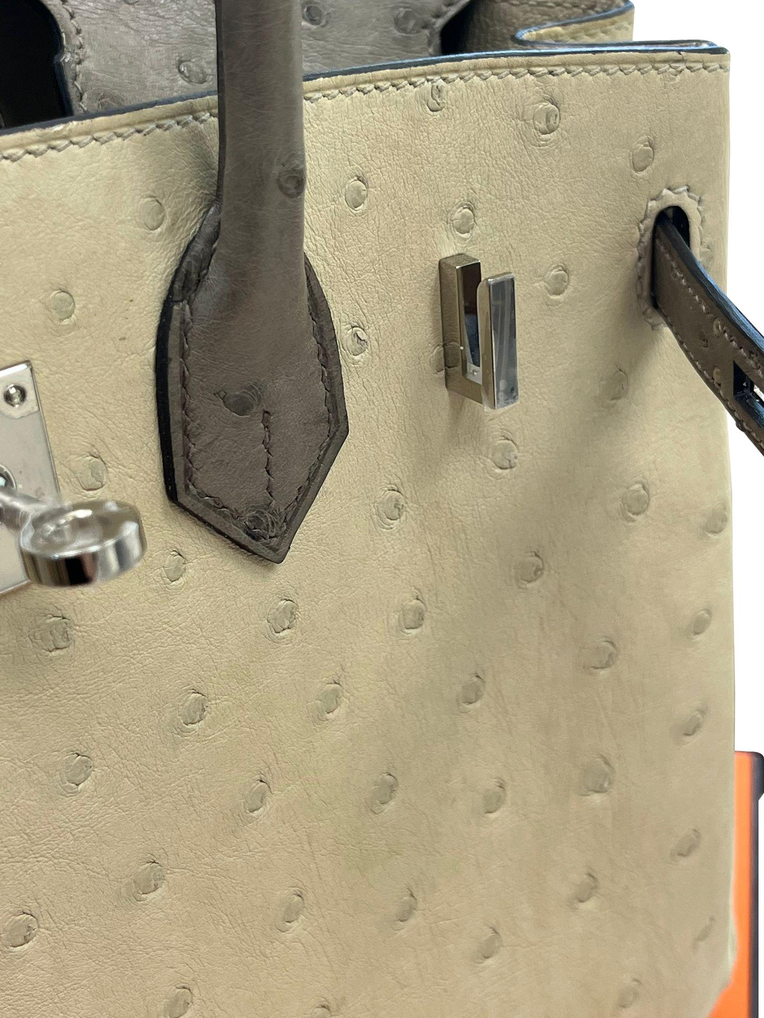 Sac à main Hermes Birkin 25 Bicolor Gris Agate et Ostrich Blanc Palladium Hardware en vente 11