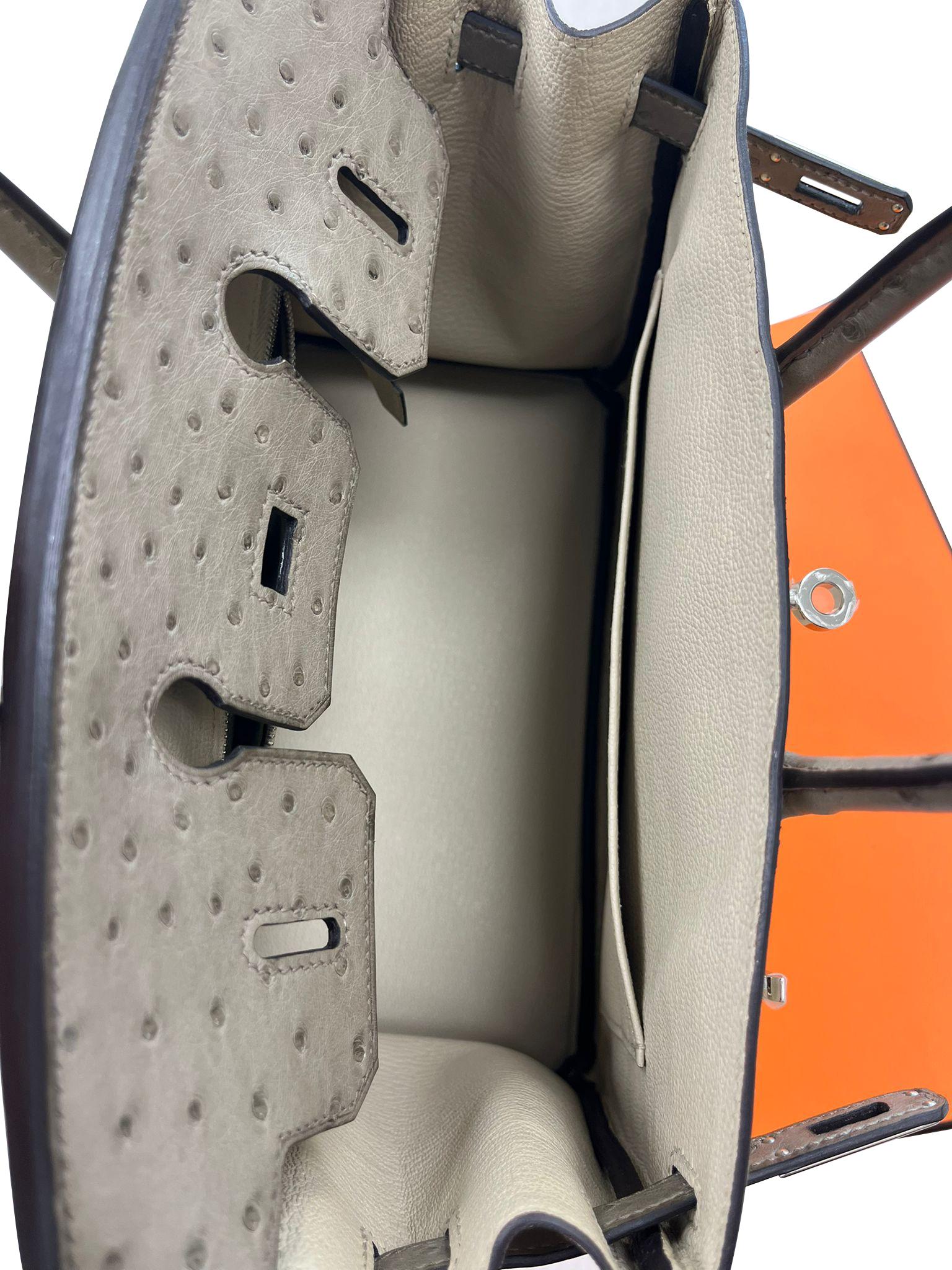 Sac à main Hermes Birkin 25 Bicolor Gris Agate et Ostrich Blanc Palladium Hardware en vente 12