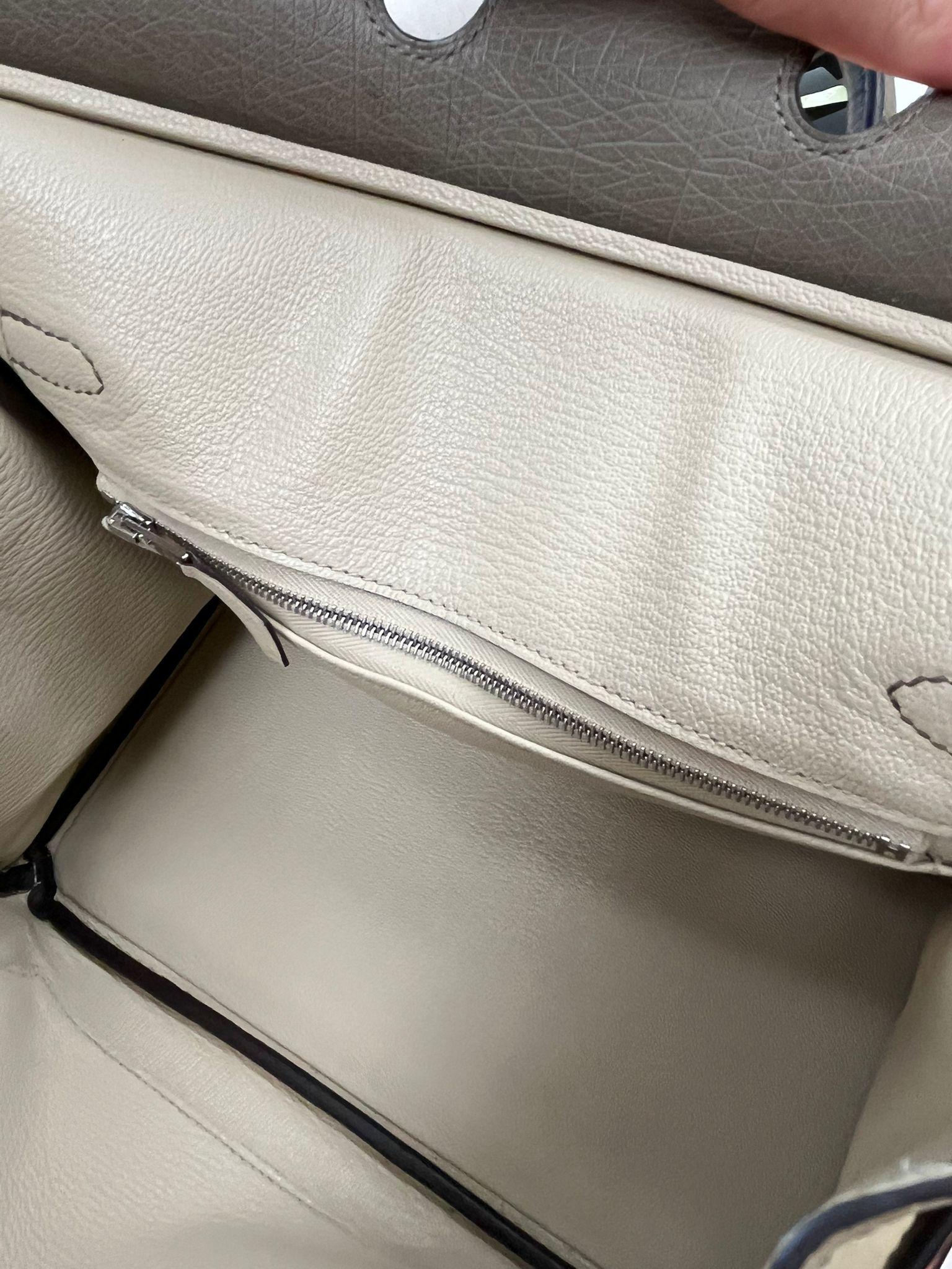 Sac à main Hermes Birkin 25 Bicolor Gris Agate et Ostrich Blanc Palladium Hardware en vente 13