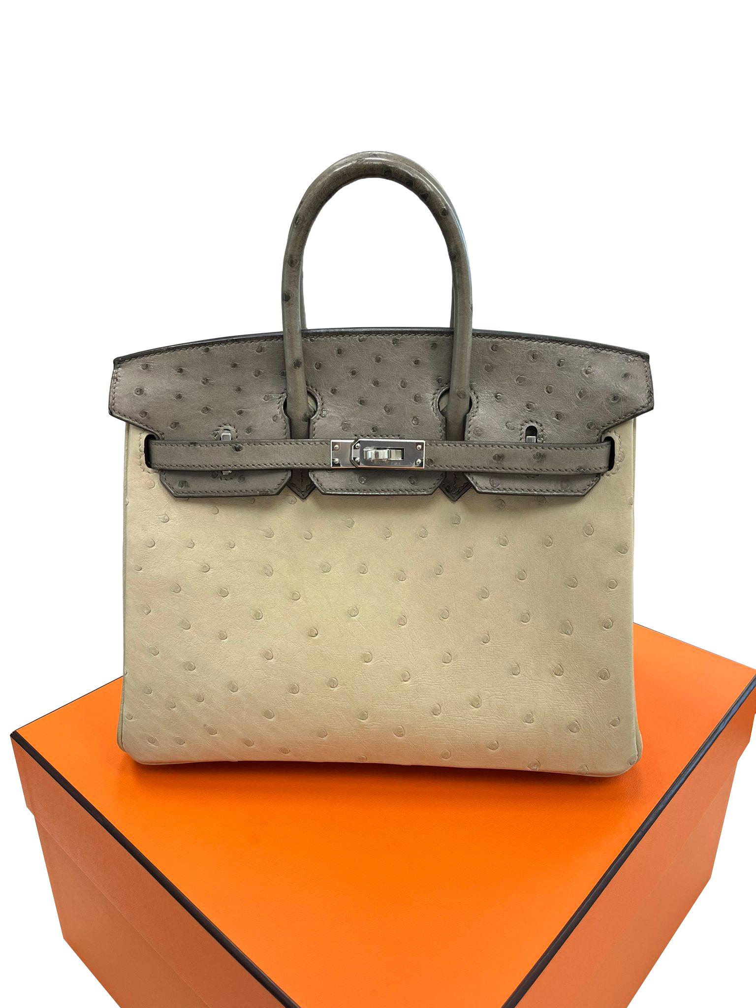 Sac à main Hermes Birkin 25 Bicolor Gris Agate et Ostrich Blanc Palladium Hardware Excellent état - En vente à Aventura, FL