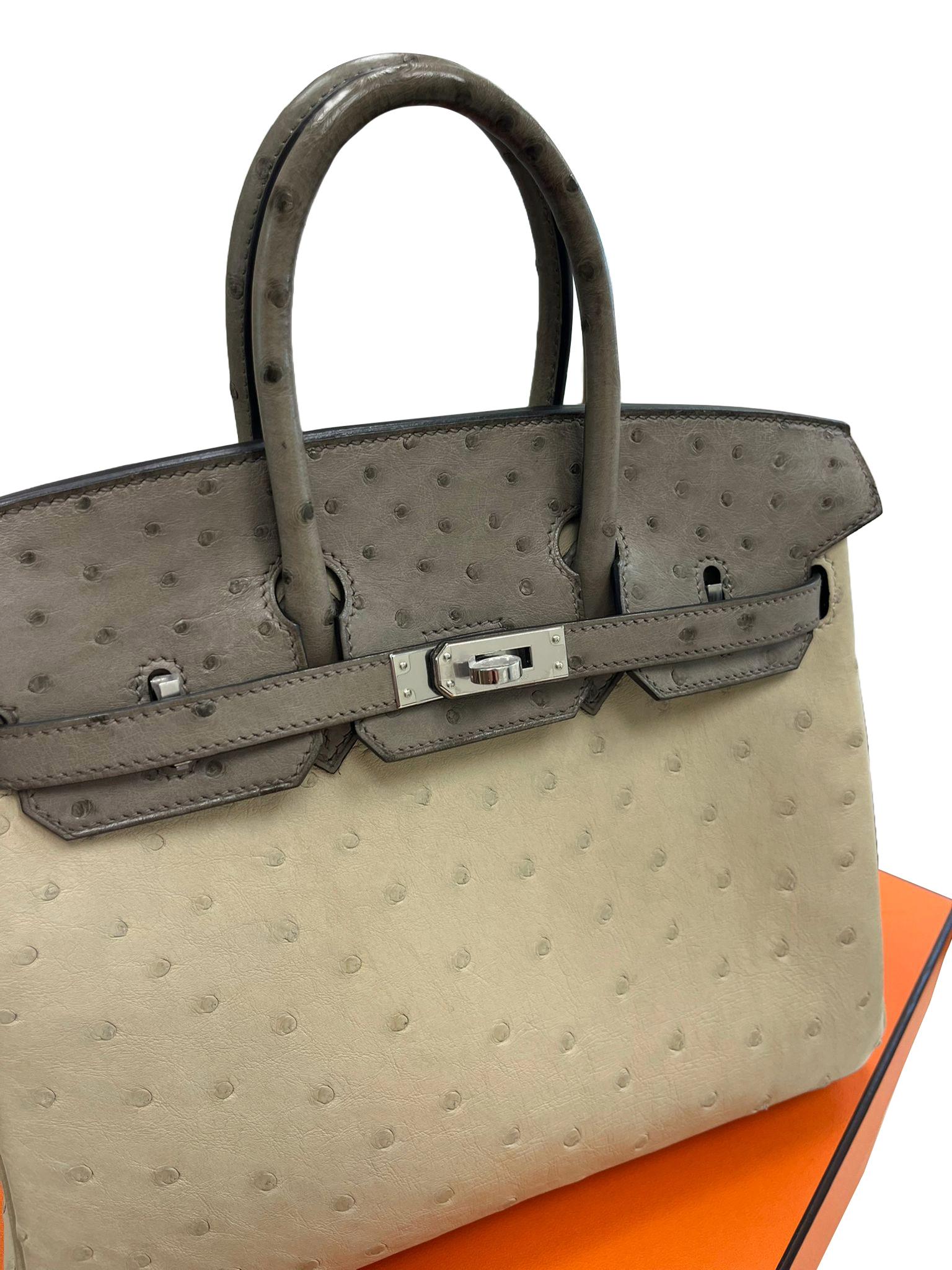 Sac à main Hermes Birkin 25 Bicolor Gris Agate et Ostrich Blanc Palladium Hardware en vente 2