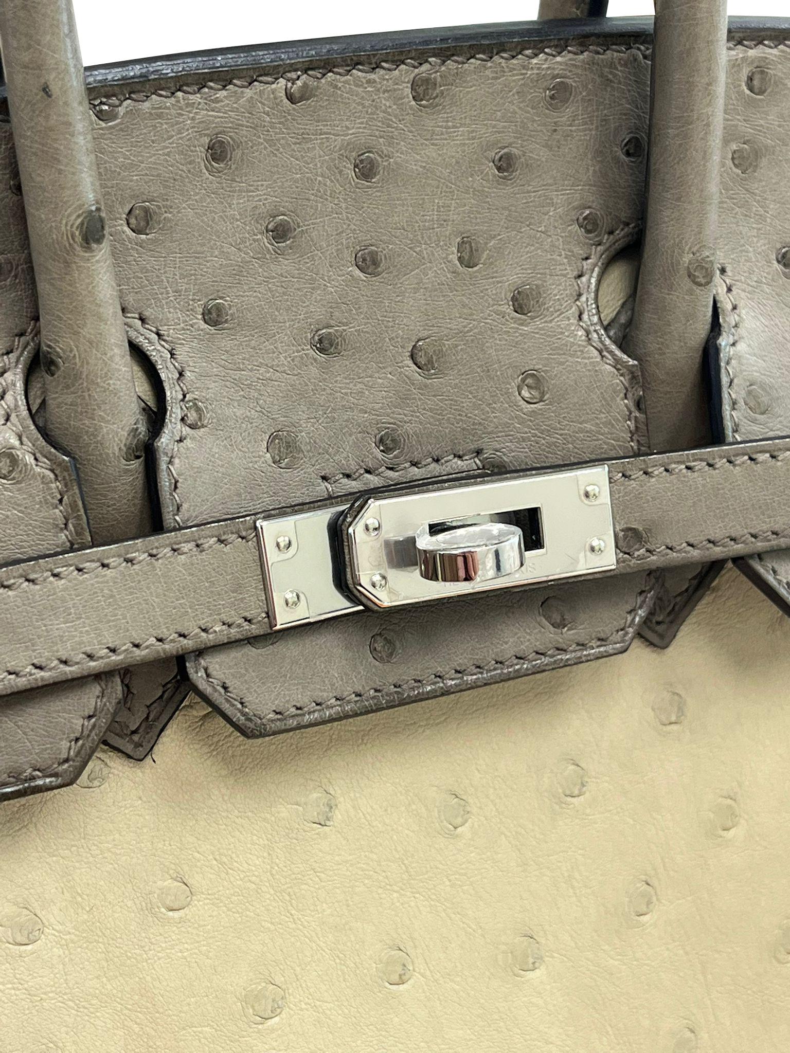 Sac à main Hermes Birkin 25 Bicolor Gris Agate et Ostrich Blanc Palladium Hardware en vente 3