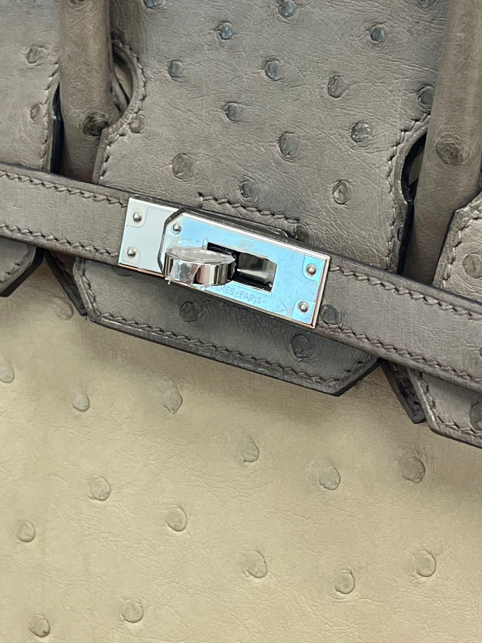 Sac à main Hermes Birkin 25 Bicolor Gris Agate et Ostrich Blanc Palladium Hardware en vente 4