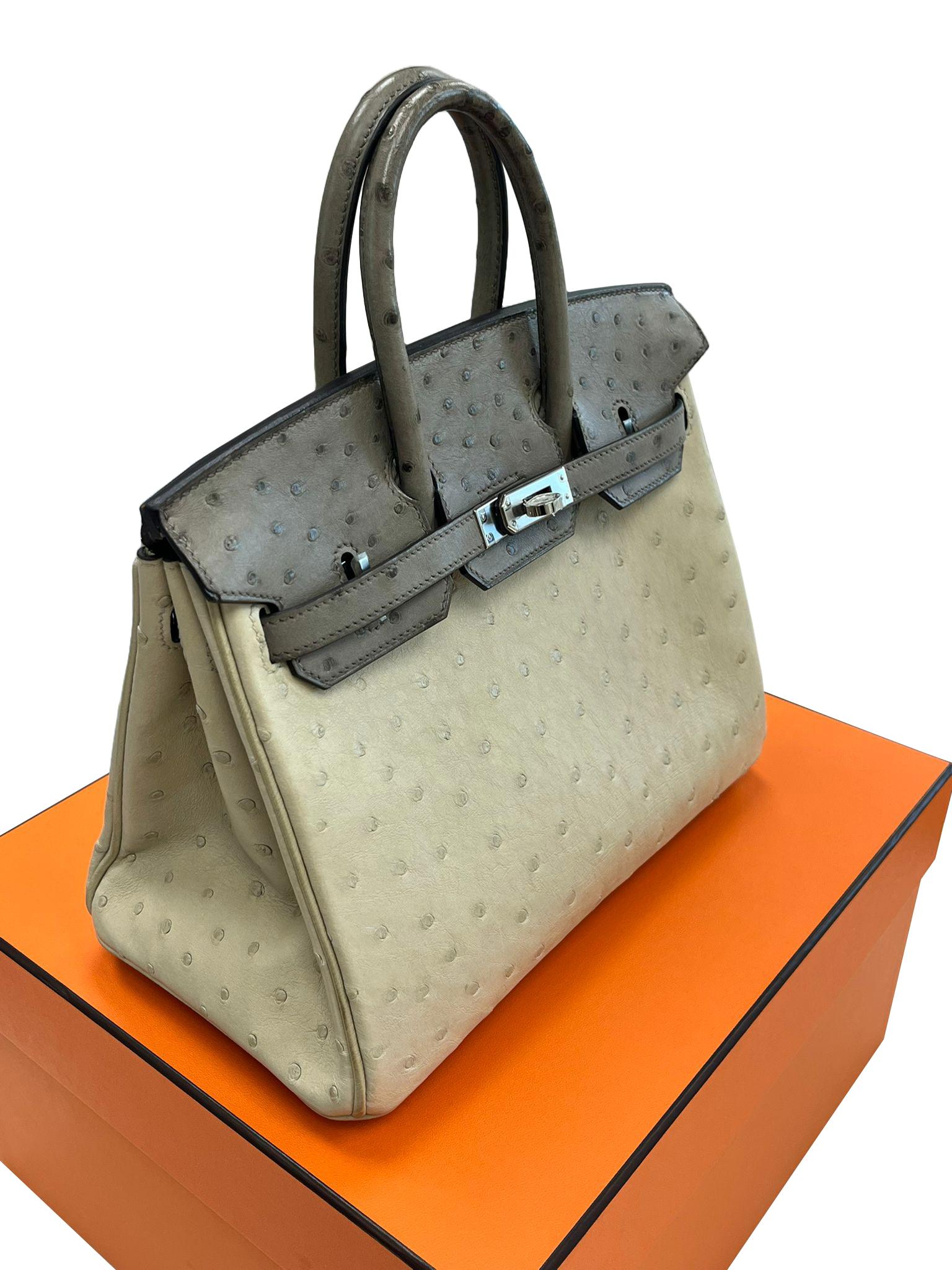 Sac à main Hermes Birkin 25 Bicolor Gris Agate et Ostrich Blanc Palladium Hardware en vente 5