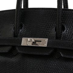 Hermes Birkin 25 Black Lizard Exotic Palladium Top Handle Tote Shoulder Bag