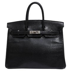 Hermes Birkin 25 Noir Lézard Exotique Palladium Top Handle Tote Shoulder Bag