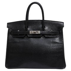 Hermes Birkin 25 Schwarz Eidechse Exotische Palladium Top Handle Tote Umhängetasche