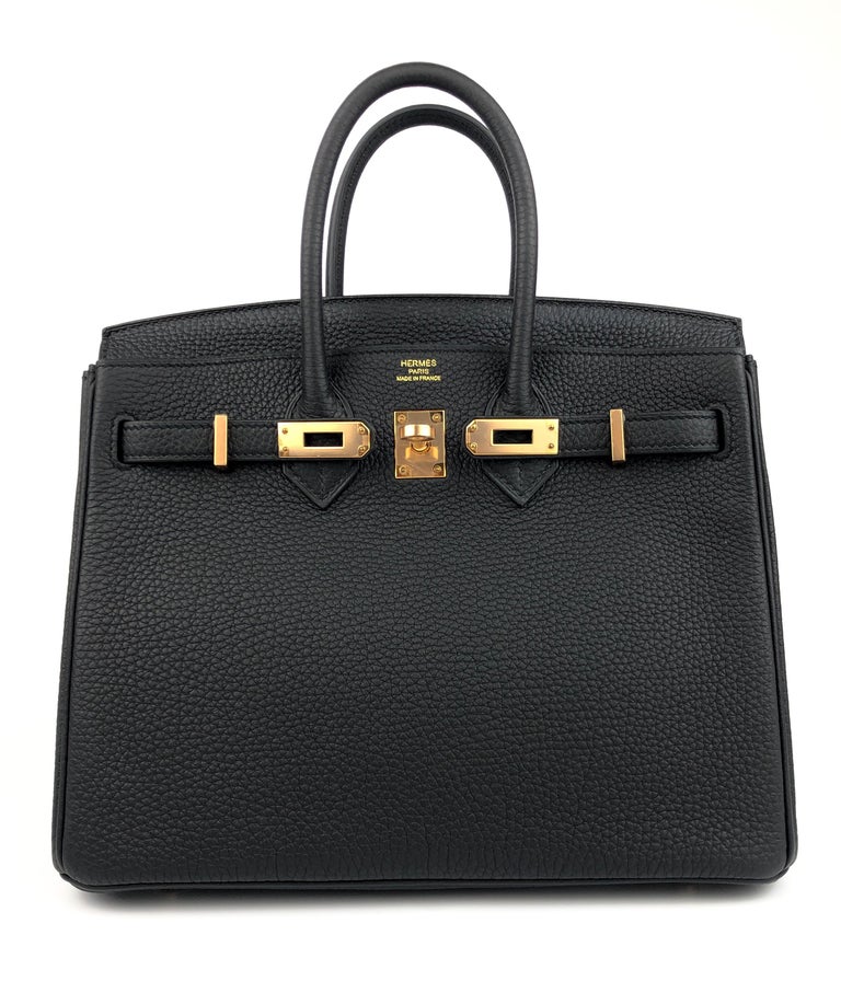Hermes Birkin 25 Black Noir Togo Leather Handbag Rose Gold