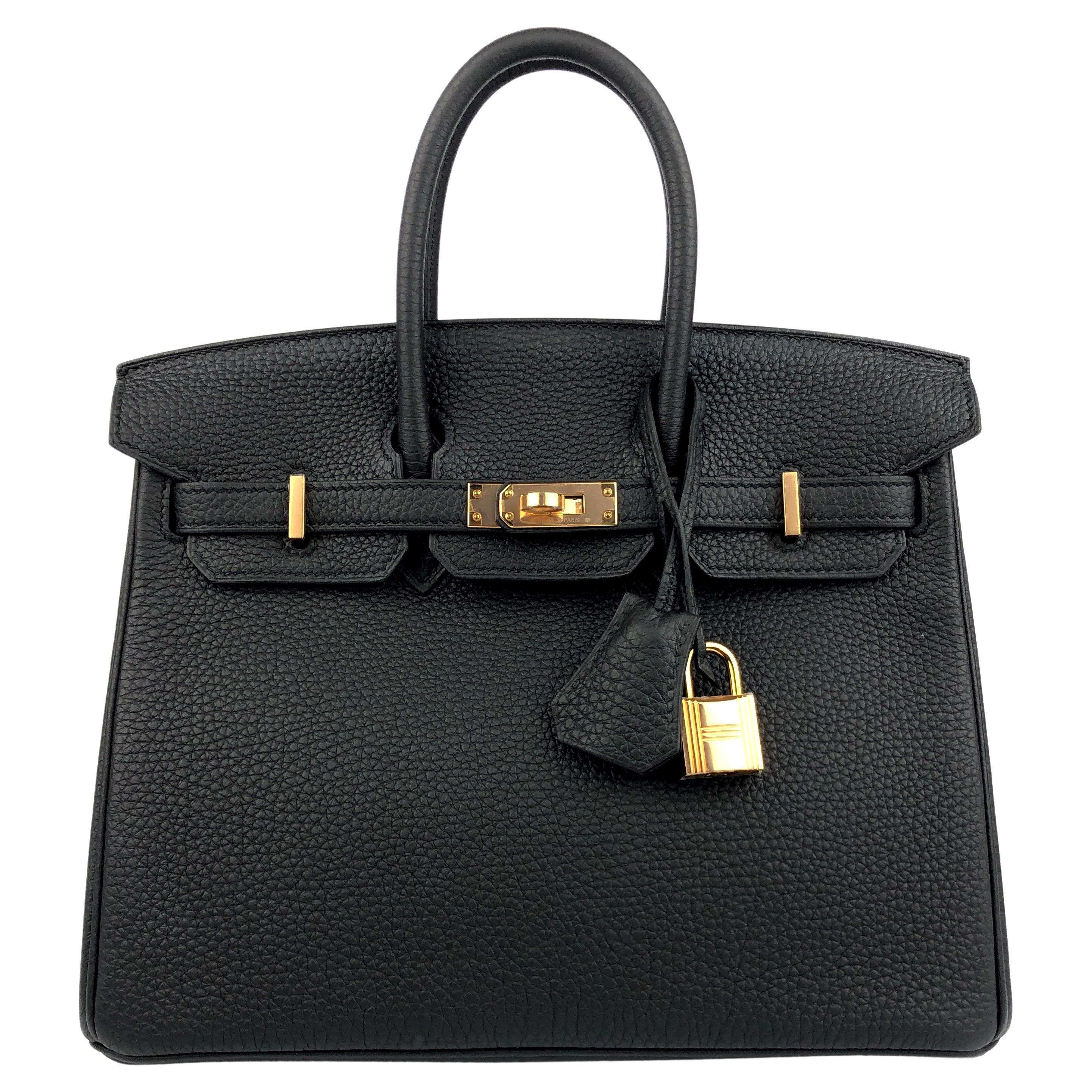 Hermes Birkin 25 Black Noir Togo Leather Handbag Rose Gold Hardware 