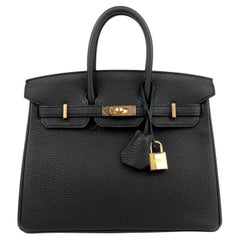 Hermes Birkin 25 Black Noir Togo Leather Handbag Rose Gold Hardware 
