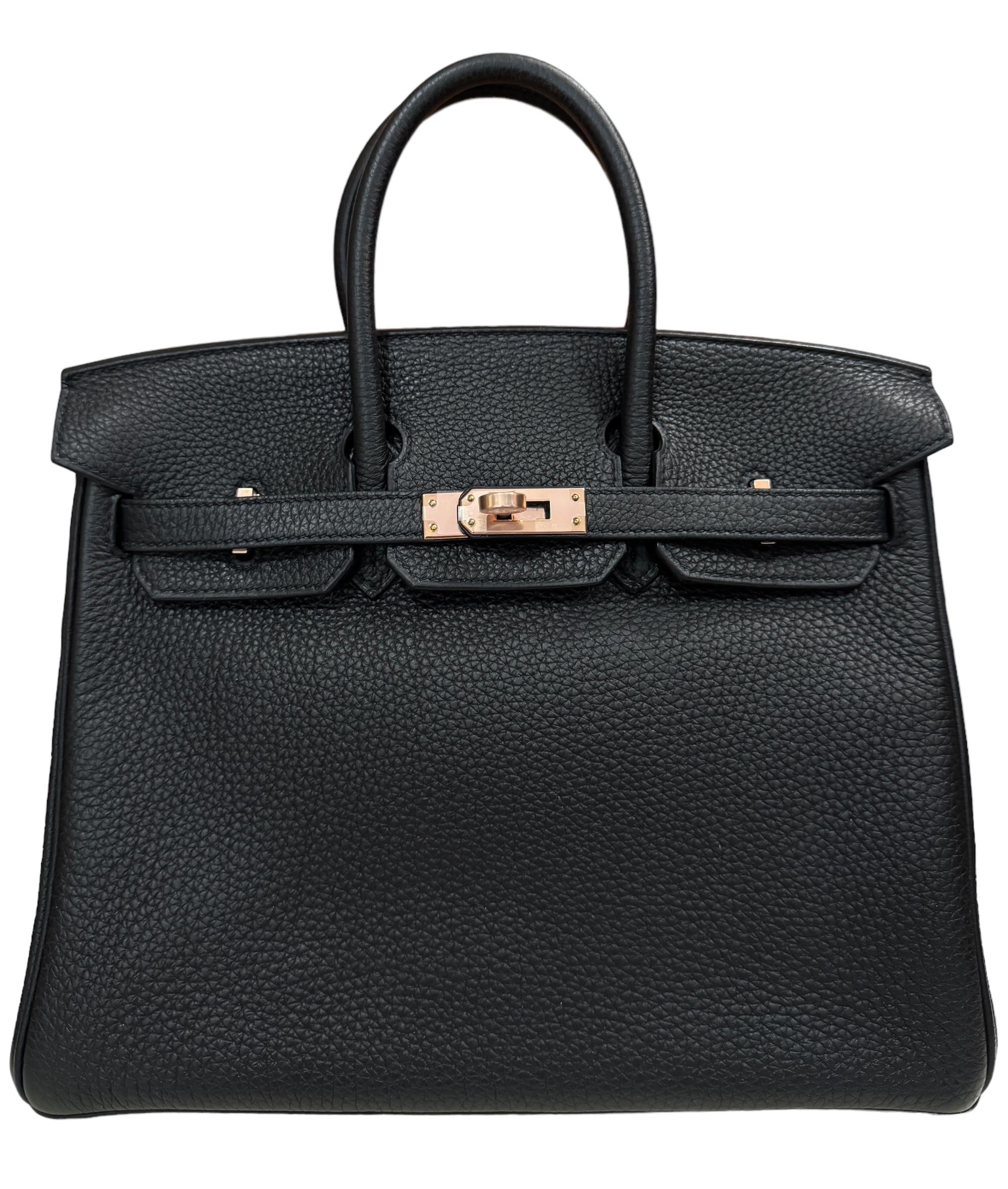Hermes Birkin 25 Black Noir Togo Leather Handbag Rose Gold Hardware RARE 3