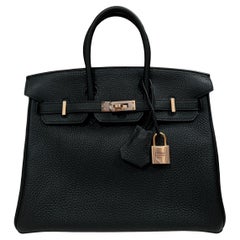 Hermes Birkin 25 Black Noir Togo Leather Handbag Rose Gold Hardware RARE