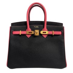 Hermes Birkin 25 Black & Rose Azalee Epsom Leather Brushed Gold Top Handle Bag