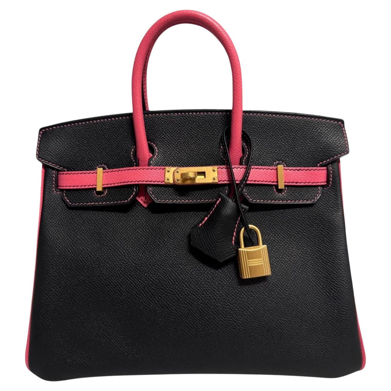 Hermes Birkin 25 Black & Rose Azalee Epsom Leather Brushed Gold Top Handle Bag