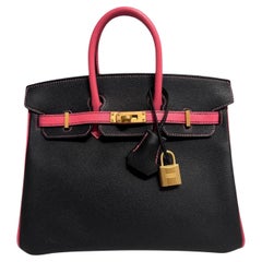 Hermes Birkin 25 Black & Rose Azalee Epsom Leather Brushed Gold Top Handle Bag