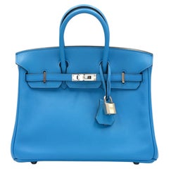 Borsa Hermes Birkin 25 in pelle Swift Bleu Du Nord con finiture in palladio
