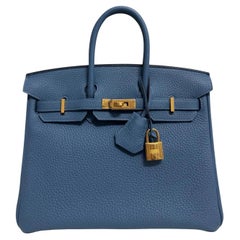 Hermes Birkin 25 Blau Azur Togo Leder Gold Hardware Seltene Top Handle Bag